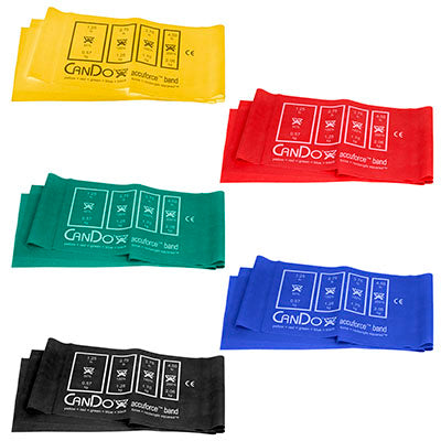 CanDo AccuForce Exercise Band - 4' exercisers, 5-piece set (1 each: yellow, red, green, blue, black) — for Resistance Training and Rehabilitation