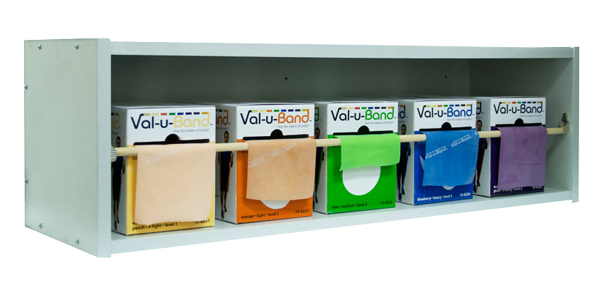 Val-u-Band Resistance Bands, Dispenser Roll, 50 Yds., 5-Piece Set, Peach, Orange, Lime, Blueberry, Plum, Dispenser Rack Included, Contains Latex — for Resistance Training and Rehabilitation