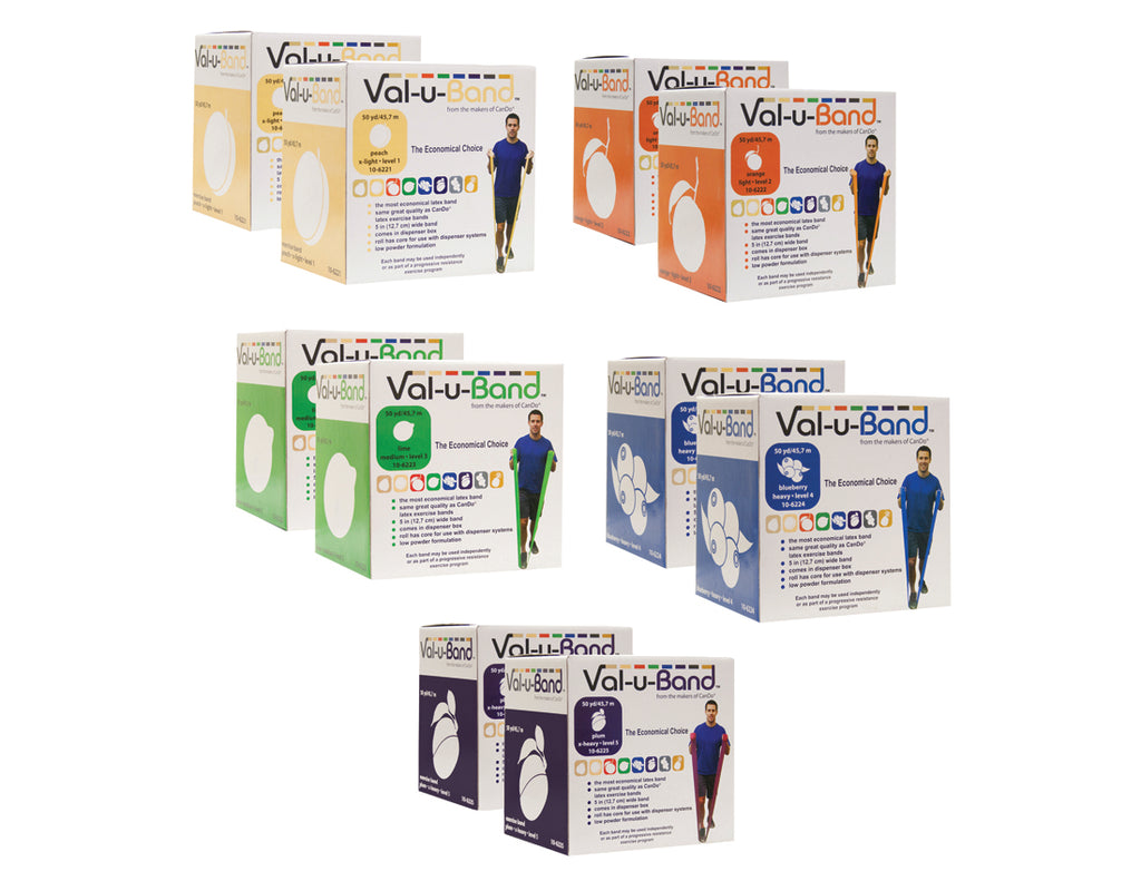 Val-u-Band Resistance Bands, Dispenser Roll, 100 Yds. (2 x 50 Yds.), 5-Piece Set, Peach, Orange, Lime, Blueberry, Plum, Contains Latex — for Resistance Training and Rehabilitation