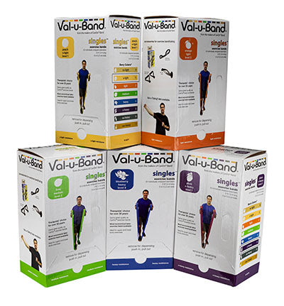 Val-u-Band Resistance Bands, Pre-Cut Strip, 5', 5 Cases of 30 Units Each, Peach, Orange, Lime, Blueberry, Plum, Contains Latex — for Resistance Training and Rehabilitation