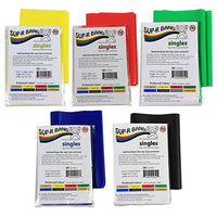 Sup-R Band Latex Free Exercise Band - 5 foot Singles, 5-piece set (1 each: yellow, red, green, blue, black) — for Resistance Training and Rehabilitation