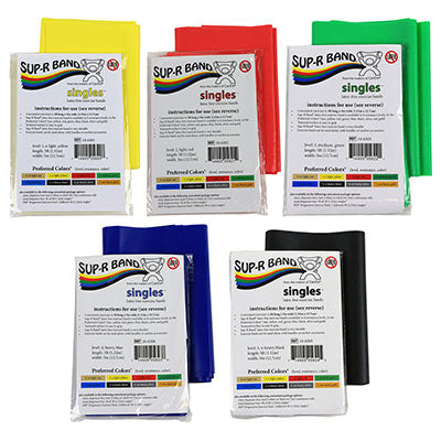 Sup-R Band Latex Free Exercise Band - 5 foot Singles, 5-piece set (1 each: yellow, red, green, blue, black) — for Resistance Training and Rehabilitation