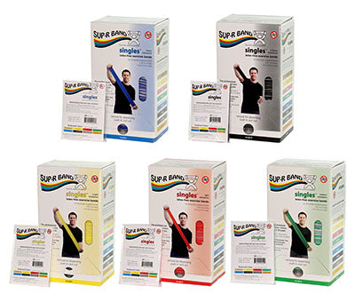 Sup-R Band latex-free, 5 foot Singles, 30 piece dispenser, 5-piece set (1 each: yellow, red, green, blue, black) — for Resistance Training and Rehabilitation