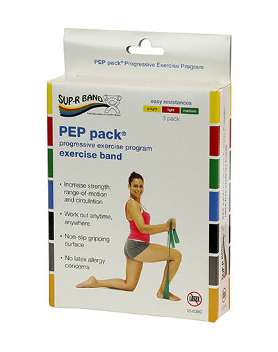 Sup-R Band Latex Free Exercise Band - PEP pack, 3-piece set (1 each: yellow, red, green) — for Resistance Training and Rehabilitation