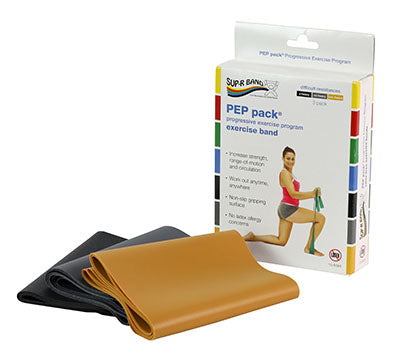 Sup-R Band Latex Free Exercise Band - PEP pack, 3-piece set (1 each: black, silver, gold) — for Resistance Training and Rehabilitation