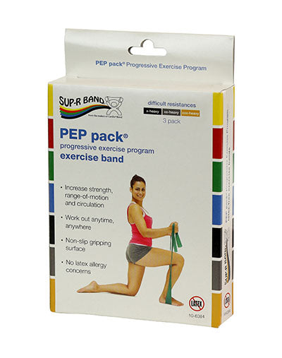 Sup-R Band Latex Free Exercise Band - PEP pack, 3-piece set (1 each: black, silver, gold) — for Resistance Training and Rehabilitation
