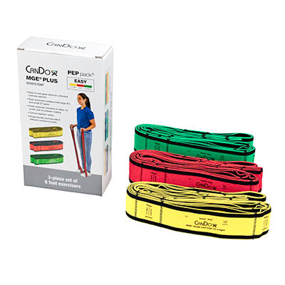 CanDo MGE Plus PEP Pack, 6 Foot Exerciser, 9 Loops, Easy (1 ea: Yellow, Red, Green) — for Resistance Training and Rehabilitation