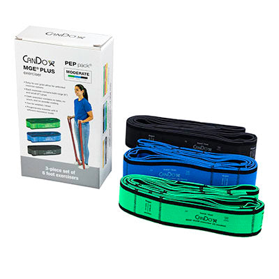 CanDo MGE Plus PEP Pack, 6 Foot Exerciser, 9 Loops, Moderate (1 ea: Green, Blue, Black) — for Resistance Training and Rehabilitation