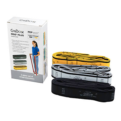 CanDo MGE Plus PEP Pack, 6 Foot Exerciser, 9 Loops, Challenging (1 ea:Black, Silver, Gold) — for Resistance Training and Rehabilitation