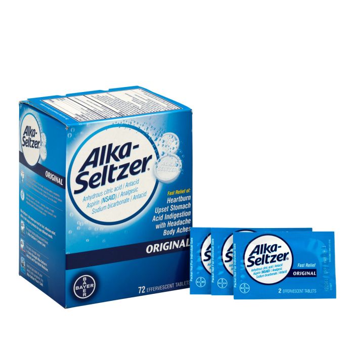 First Aid Only Alka-Seltzer Effervescent Antacid and Pain Relief, 72 Tablets per Box