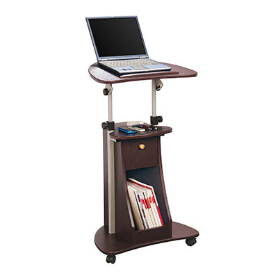 Techni Mobili Sit-to-Stand Rolling Adjustable Laptop Cart with Storage, Chocolate — for Treatment and Examination Rooms