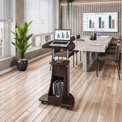 Techni Mobili Sit-to-Stand Rolling Adjustable Laptop Cart with Storage, Chocolate — for Treatment and Examination Rooms