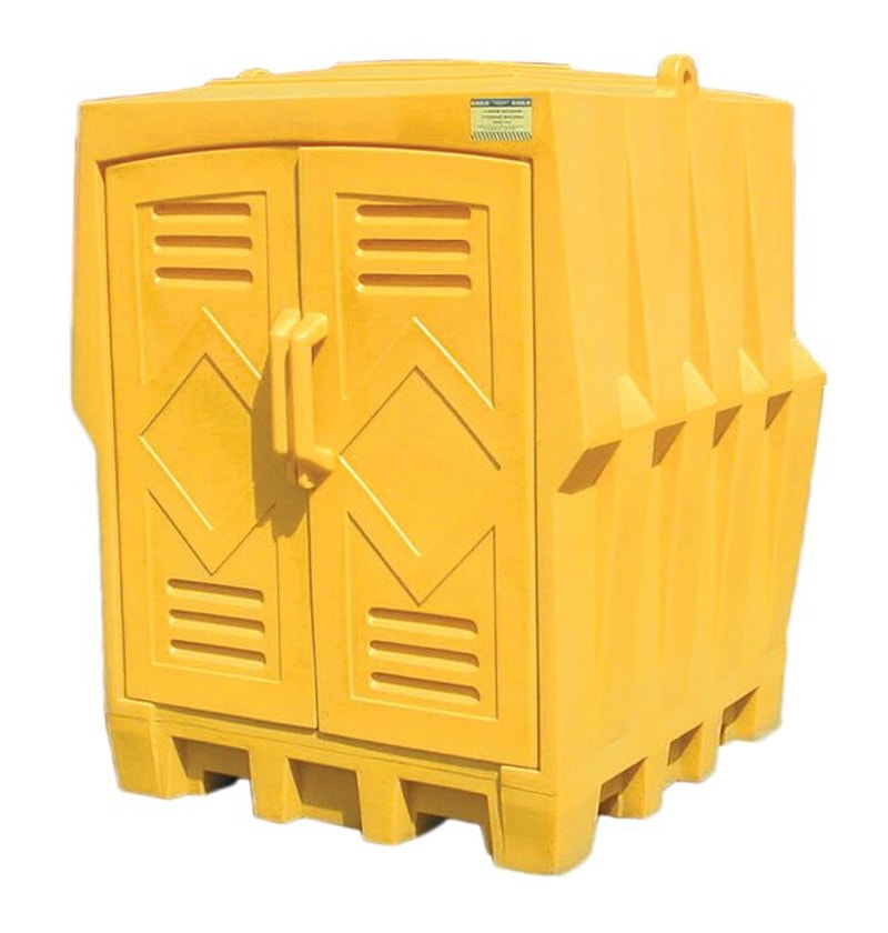 Justrite 1649 4 Drum, Poly Outdoor Storage Drum Without Drain, Yellow Funnels