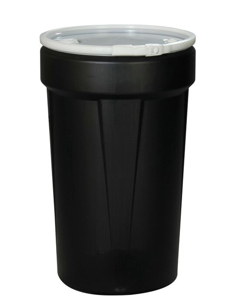 Justrite 1655BLKBG 55 Gallon, Plastic Lever-Lock, Lab Pack Open Head Plastic Barrel Drum with 1x2in 1x3/4in Bung Holes, Black Industrial Safety Products