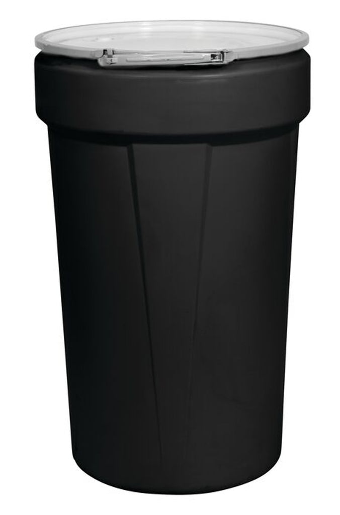 Justrite 1655MBLKBG 55 Gallon, Metal Lever Lock, Lab Pack Open Head Plastic Barrel Drum with 1x2in and 1x3/4in Bung Holes, Black Industrial Safety Products