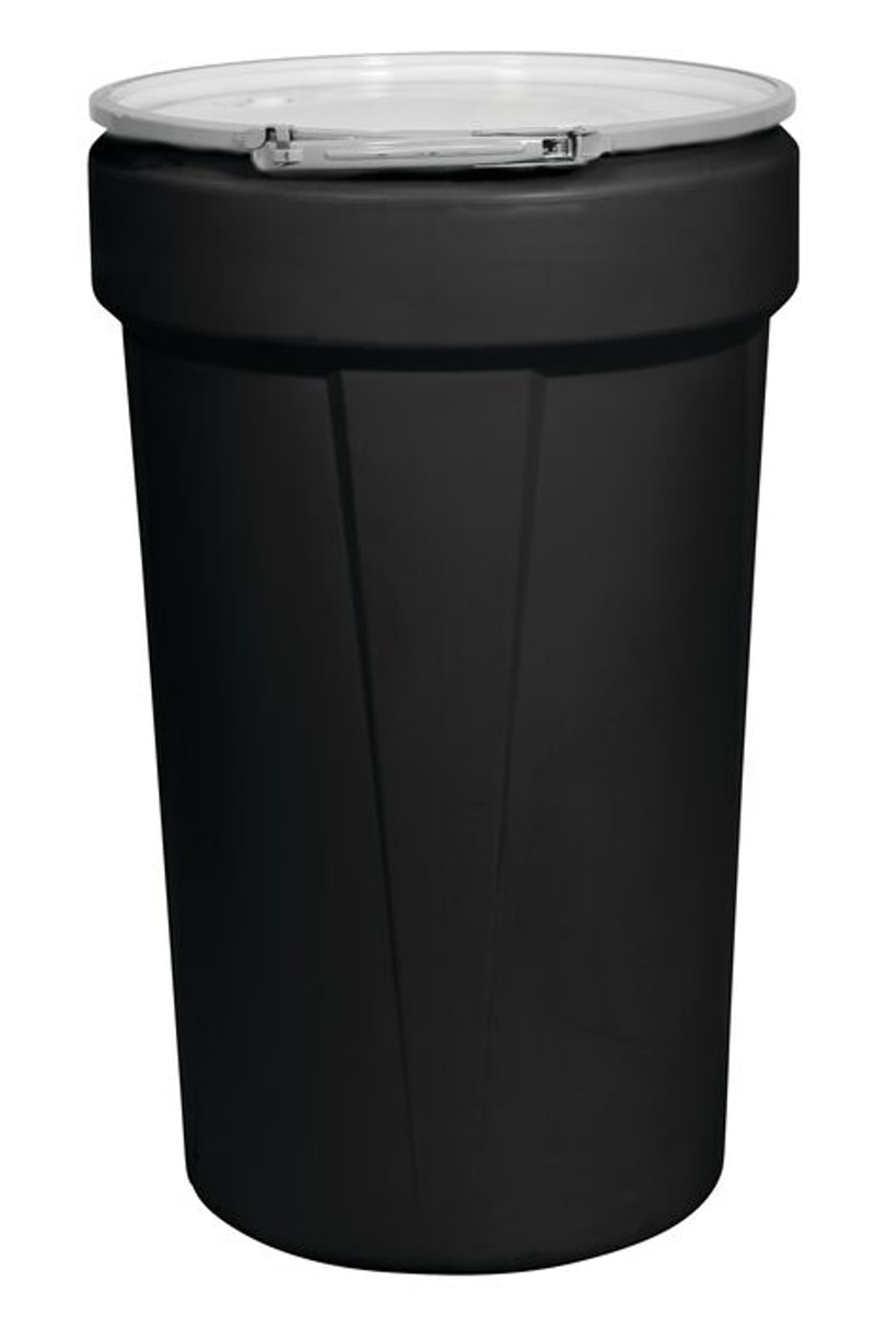 Justrite 1655MBLKBG 55 Gallon, Metal Lever Lock, Lab Pack Open Head Plastic Barrel Drum with 1x2in and 1x3/4in Bung Holes, Black Industrial Safety Products