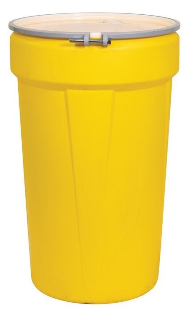 Justrite 1655MBRBG 55 Gallon, Metal Bolt Rings, Lab Pack Open Head Plastic Barrel Drum with 1x2in and 1x3/4in Bung Holes, Yellow Industrial Safety Products