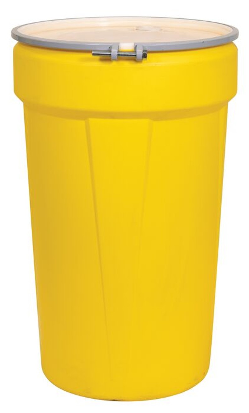 Justrite 1655MBRBG 55 Gallon, Metal Bolt Rings, Lab Pack Open Head Plastic Barrel Drum with 1x2in and 1x3/4in Bung Holes, Yellow Industrial Safety Products