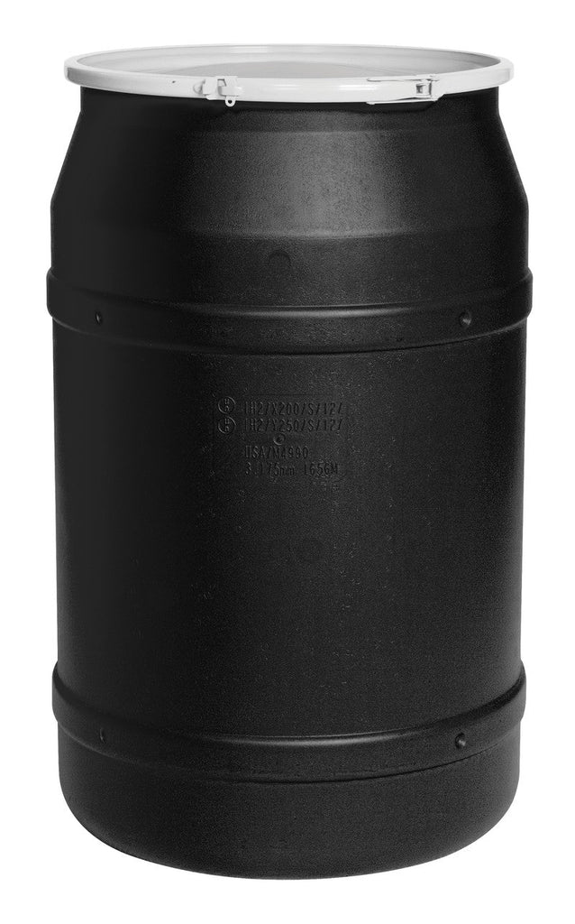 Justrite 1656BLKBG 55 Gallon, Plastic Lever-Lock, Lab Pack Open Head Plastic Barrel Drum with 1x2in and 1x3/4in Bung Holes, Black Industrial Safety Products