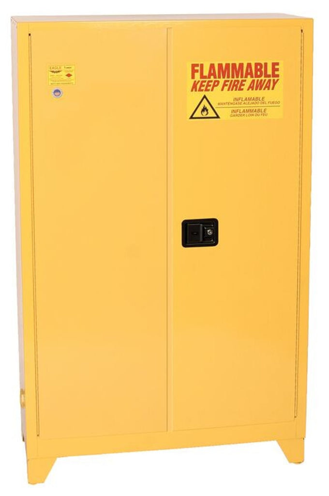 Justrite 1947XLEGS Tower Safety Cabinet 45 Gallon 2 Shelves 2 Door Manual Close Yellow