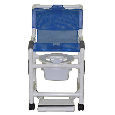 MJM International shower chair (18"), twin casters (3"), double drop arms — for Safe Bathing and Hygiene