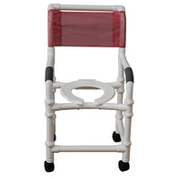 MJM International shower chair (18"), twin casters (3"), fastener plugs — for Safe Bathing and Hygiene