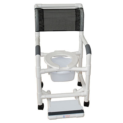 MJM International shower chair (18"), twin casters (3"), sliding footrest — for Safe Bathing and Hygiene