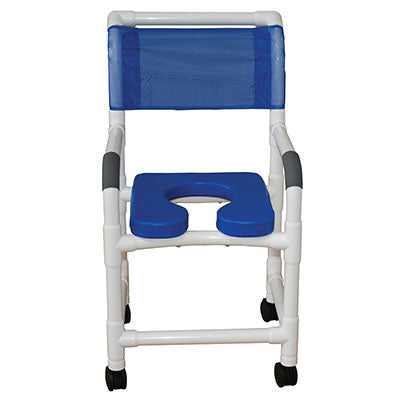 MJM International deluxe shower chair (18"), twin casters (3"), blue — for Safe Bathing and Hygiene