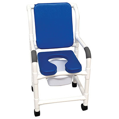 MJM International deluxe shower chair (18"), twin casters (3"), cushioned padded, blue — for Safe Bathing and Hygiene
