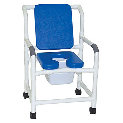 MJM International deluxe shower chair (22"), twin casters (3"), cushioned padded, blue — for Safe Bathing and Hygiene