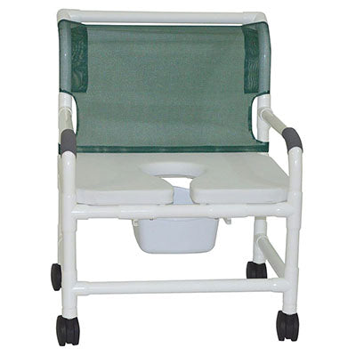 MJM International extra-wide shower chair (26"), twin casters (4"), full support soft seat — for Safe Bathing and Hygiene