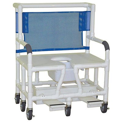 MJM International bariatric shower chair (30"), 6x heavy duty casters (5"), footrest — for Safe Bathing and Hygiene