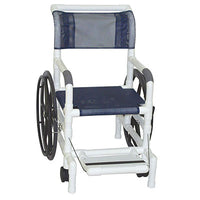 MJM International aquatic/rehab shower transport chair (18"), rear wheels (24"), mesh sling seat — for Safe Bathing and Hygiene