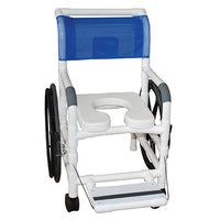 MJM International aquatic/rehab shower transport chair (18"), rear wheels (24"), footrest — for Safe Bathing and Hygiene