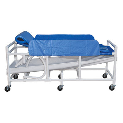 MJM International shower gurney, three position elevating headrest, solid vinyl material drain pan/hose — for Exercise and Therapy Floor Work