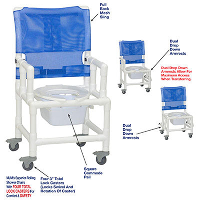 MJM International shower chair (18"), dual drop down armrests, square pail — for Safe Bathing and Hygiene
