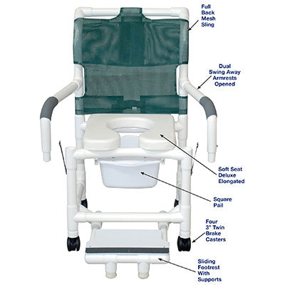 MJM International Superior Shower Chair (18"), Dual Swing Away Armrests, Sliding Footrest, Soft Seat, Sq. Pail — for Safe Bathing and Hygiene