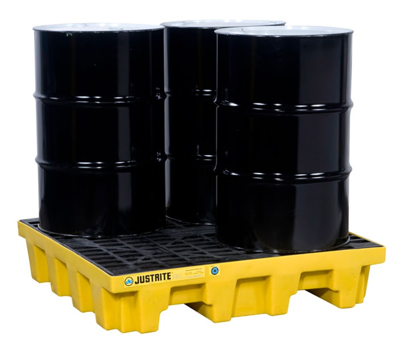 Justrite 28636 Eco Poly Blend Spill Control Pallet With Drain 4 Drum Square 35 Recycled Polyethylene Yellow