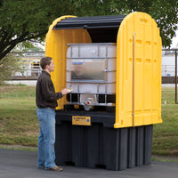 Justrite EcoPolyBlend IBC Outdoor Shed with Pallet, Forklift Pockets, Rolltop Doors, Recycled Polyethylene