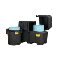 Justrite EcoPolyBlend Double Drum Collection Center, Dual Covers, Forklift Channels, Recycled Polyethylene