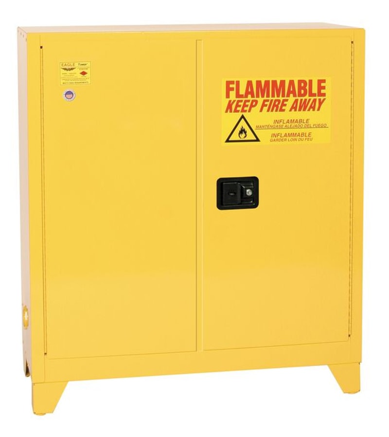 Justrite 3010XLEGS Tower Safety Cabinet 1 Shelf 2 Door Self Close Yellow, 30 Gallon