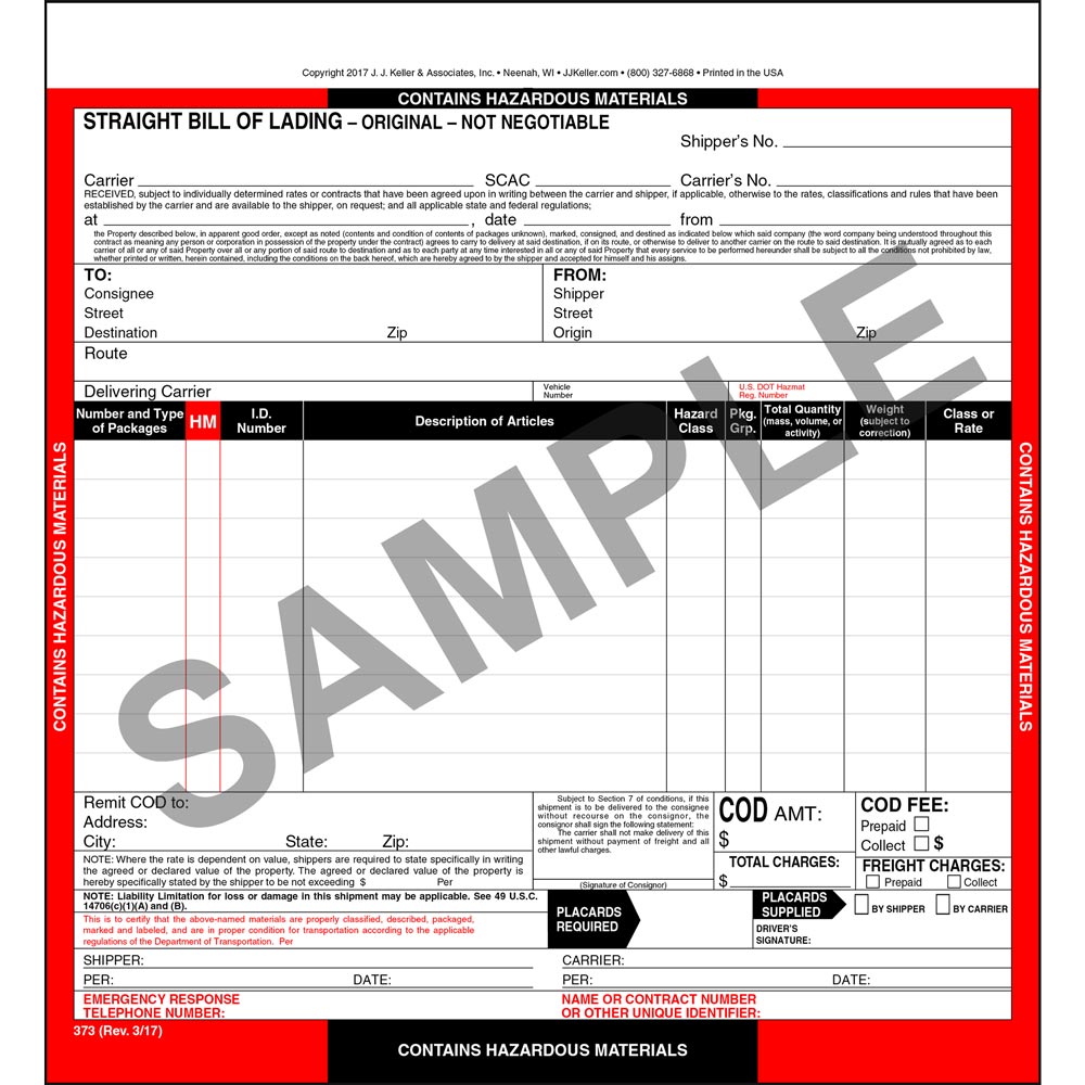 JJ Keller Hazardous Materials Straight Bill of Lading