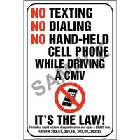 J.J. Keller No Texting/Dialing/Hand-Held Cell Phone While Driving CMV Sign
