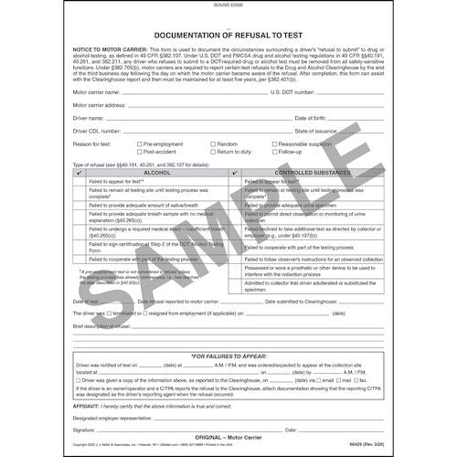 J. J. Keller Alcohol & Drug Refusal To Test Form - Snap-Out Format