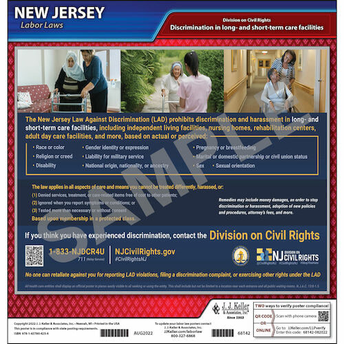 J. J. Keller New Jersey Long and Short-Term Care Discrimination Poster - Laminated, English