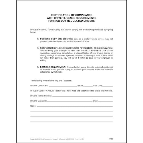 J. J. Keller Driver's Certification of Compliance for Non-DOT-Regulated Drivers Form - Single-Ply, 8-1/2" W x 11" L