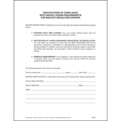 J. J. Keller Driver's Certification of Compliance for Non-DOT-Regulated Drivers Form - Single-Ply, 8-1/2" W x 11" L