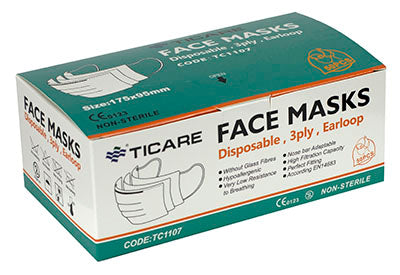 Ticare Face Masks, 3 ply disposable with ear loops, Box of 50 — for PPE in Clinical and Institutional Care