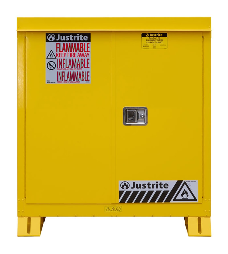 Justrite 813020 Outdoor Flammable Storage Cabinet 1 Shelf Self Close Doors Yellow, 30 Gallon