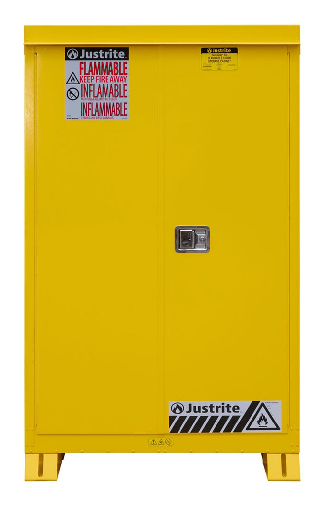 Justrite 813000 Outdoor Flammable Storage Cabinet 1 Shelf Manual Close Doors Yellow, 30 Gallon